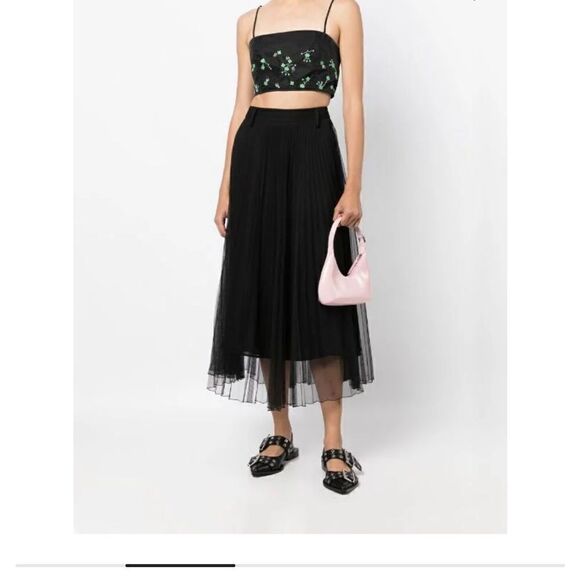 Ganni Black Floral Embroidered Crystal Embellished Square Neck Crop Top S $395 - Picture 4 of 10